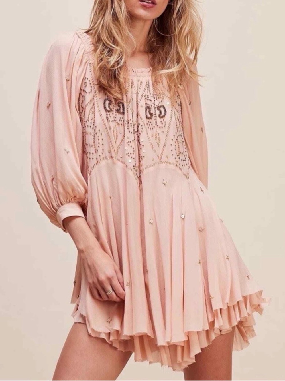 Free People Moon Gleam Blush Pink Beaded Embellished Mini Dress